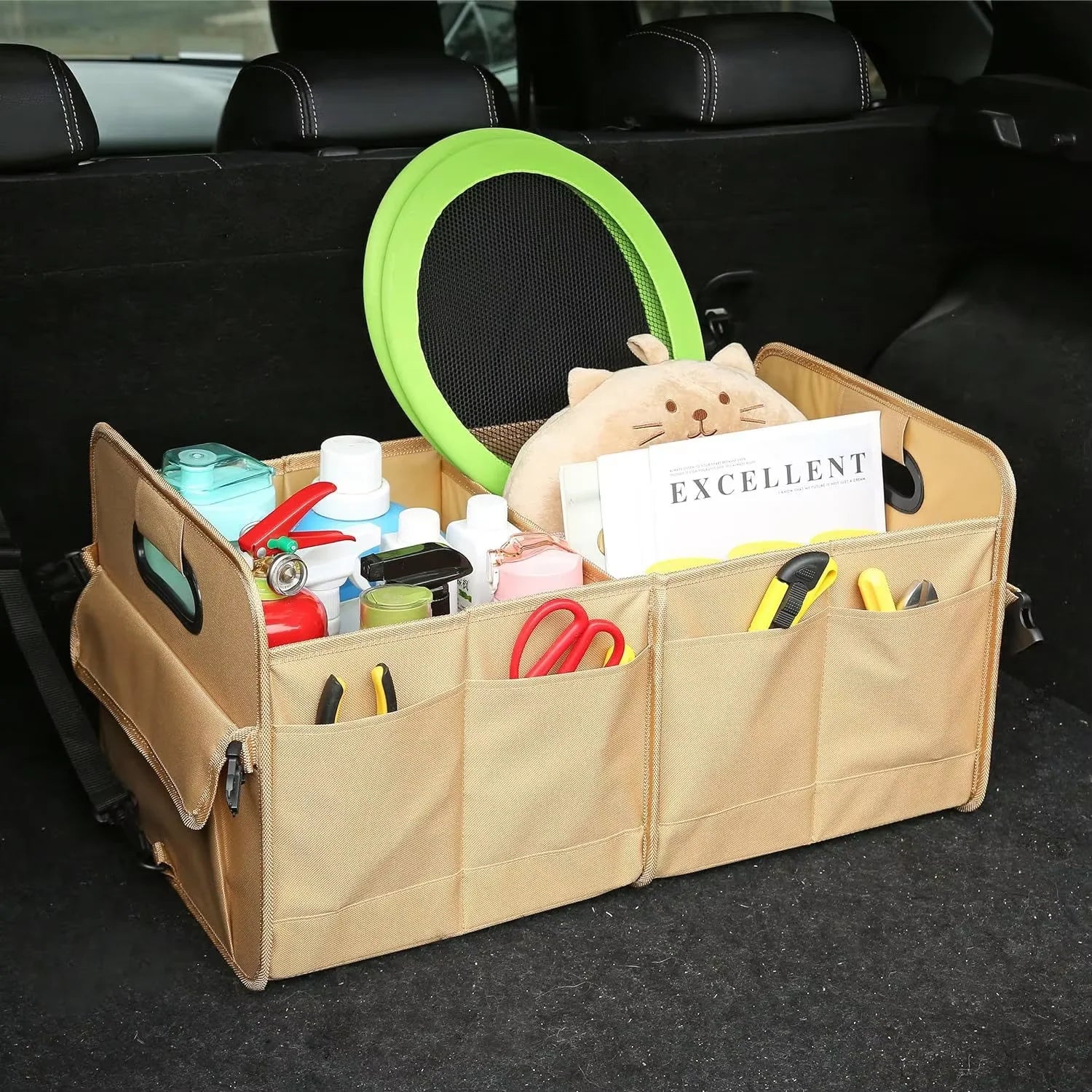 JMT-922826 Foldable Khaki Car Trunk Organizer with Non-Slip Adjustable Design and Multiple Compartments Made of 600D Oxford Cloth