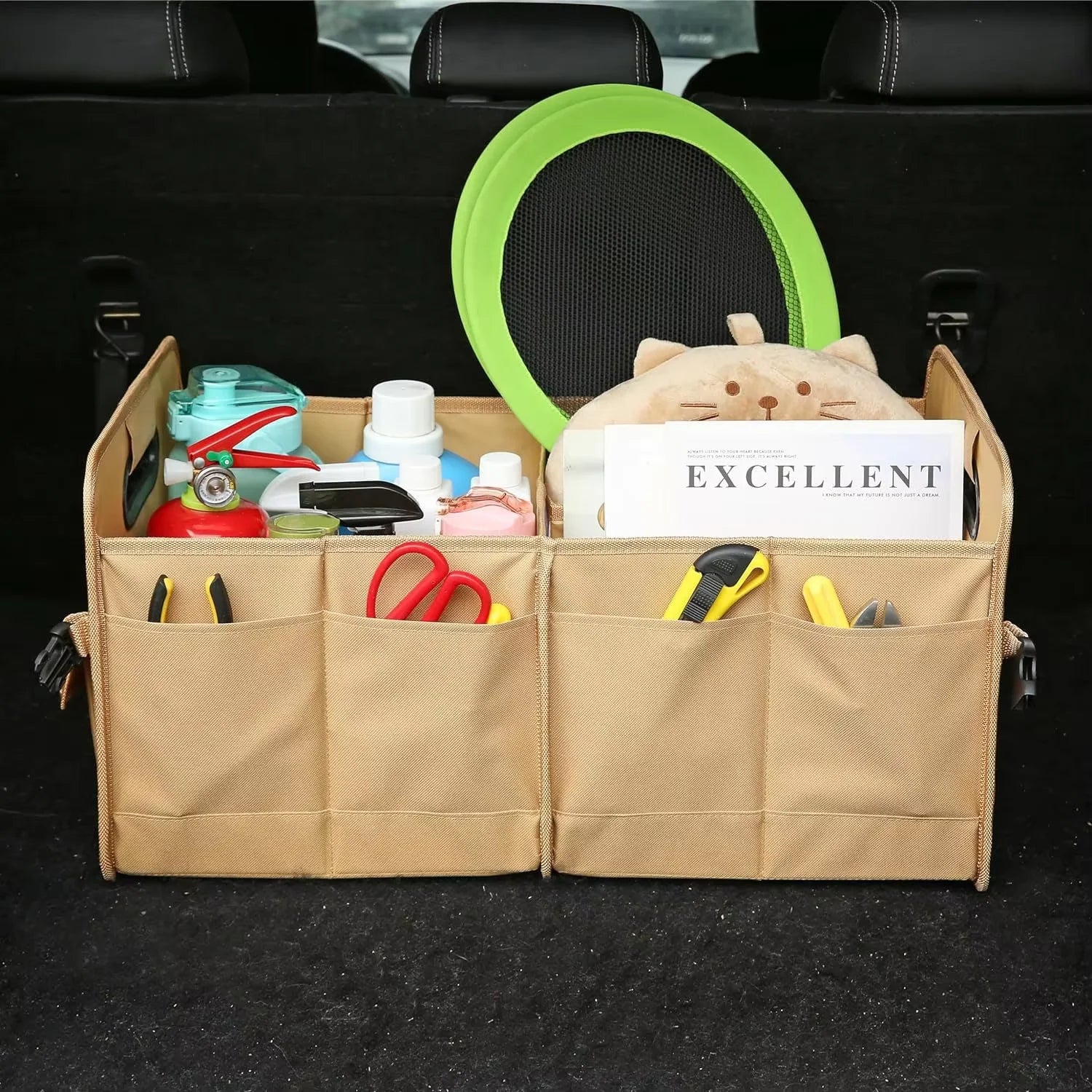 JMT-922826 Foldable Khaki Car Trunk Organizer with Non-Slip Adjustable Design and Multiple Compartments Made of 600D Oxford Cloth