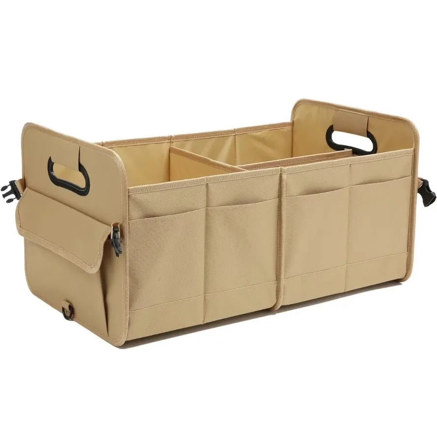 JMT-922826 Foldable Khaki Car Trunk Organizer with Non-Slip Adjustable Design and Multiple Compartments Made of 600D Oxford Cloth