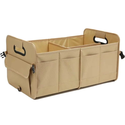 JMT-922826 Foldable Khaki Car Trunk Organizer with Non-Slip Adjustable Design and Multiple Compartments Made of 600D Oxford Cloth