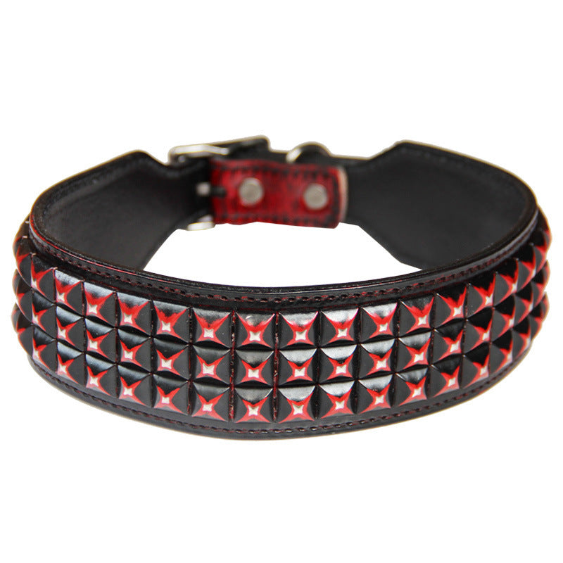 JMT-923850 Large Leather Dog Collar with Personality Rivets - Dark Red, Gold, Silver, Orange, and Red