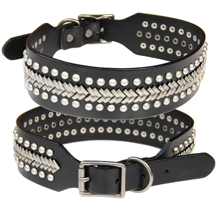 JMT-923850 Large Leather Dog Collar with Personality Rivets - Dark Red, Gold, Silver, Orange, and Red