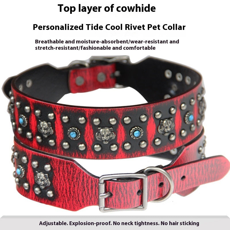 JMT-923850 Large Leather Dog Collar with Personality Rivets - Dark Red, Gold, Silver, Orange, and Red