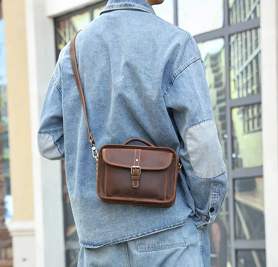 JMT-924106 Retro Dark Coffee/Brown Leather Crossbody Messenger Bag with Waterproof Waxed Canvas Accents