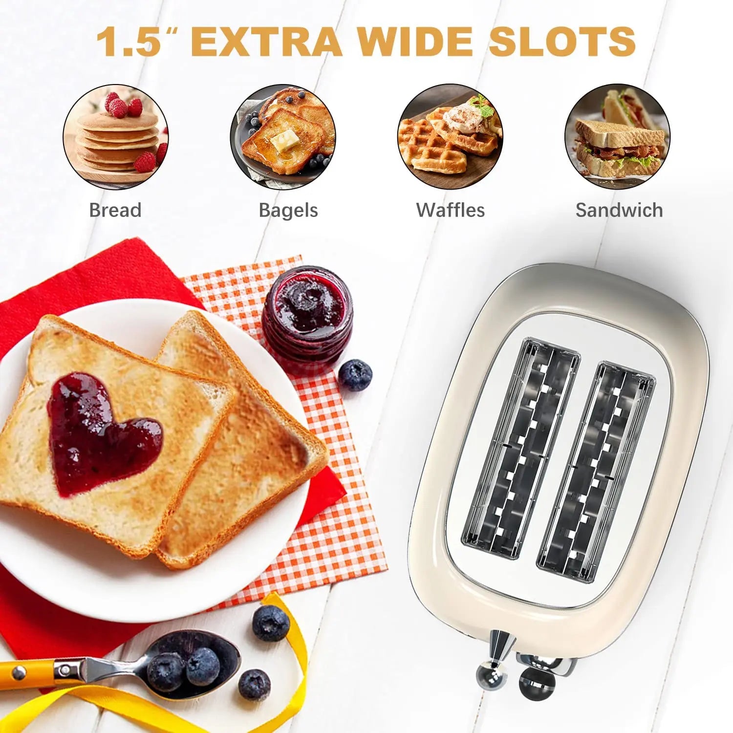JMT-924298 Retro Stainless Steel Wide Slot Sandwich Toaster for 2 Slices