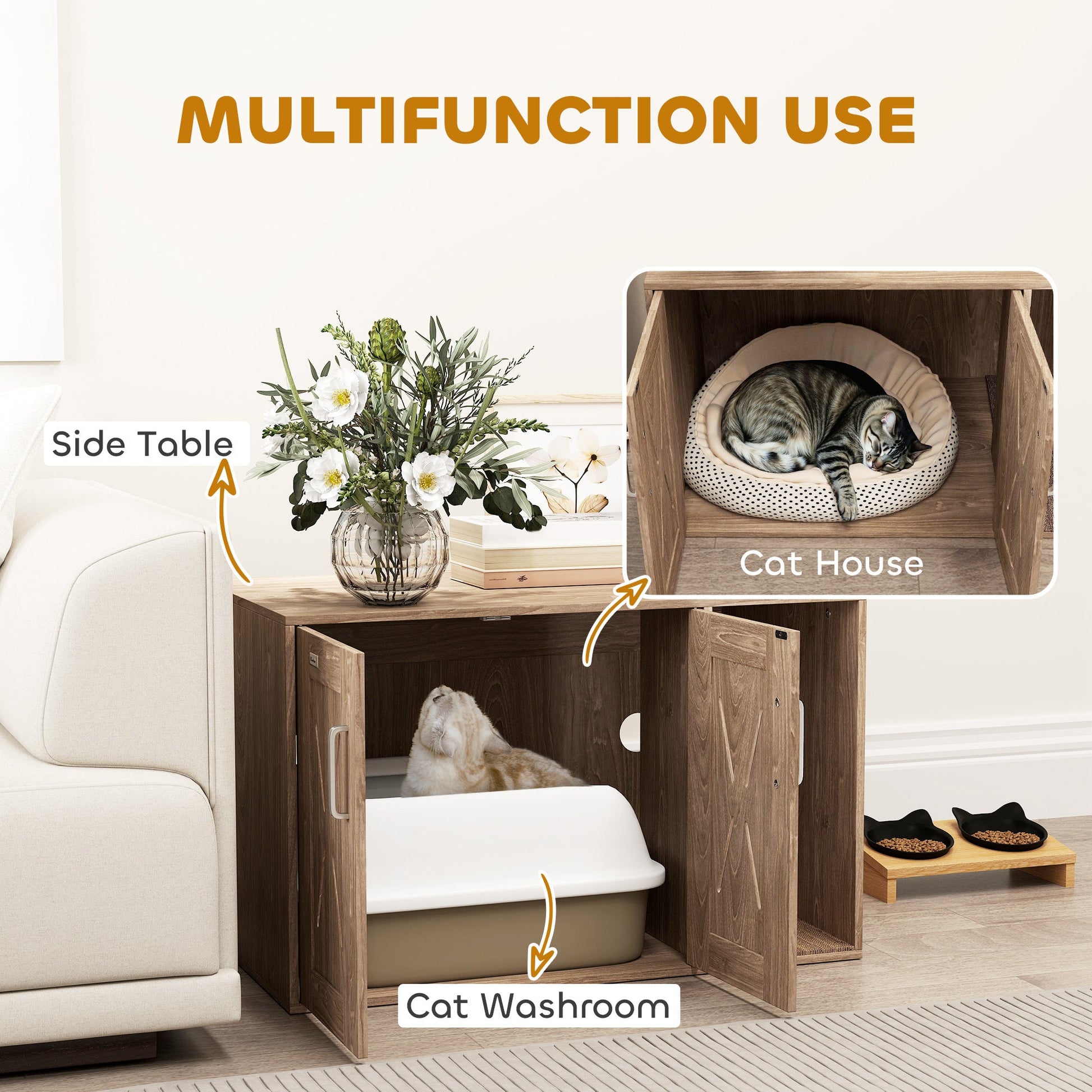 JMT-924362 Walnut Brown Cat Litter Box Enclosure with Scratching Board and Side Table Functionality, 31.5 x 19 x 20 Inches, Easy Assembly