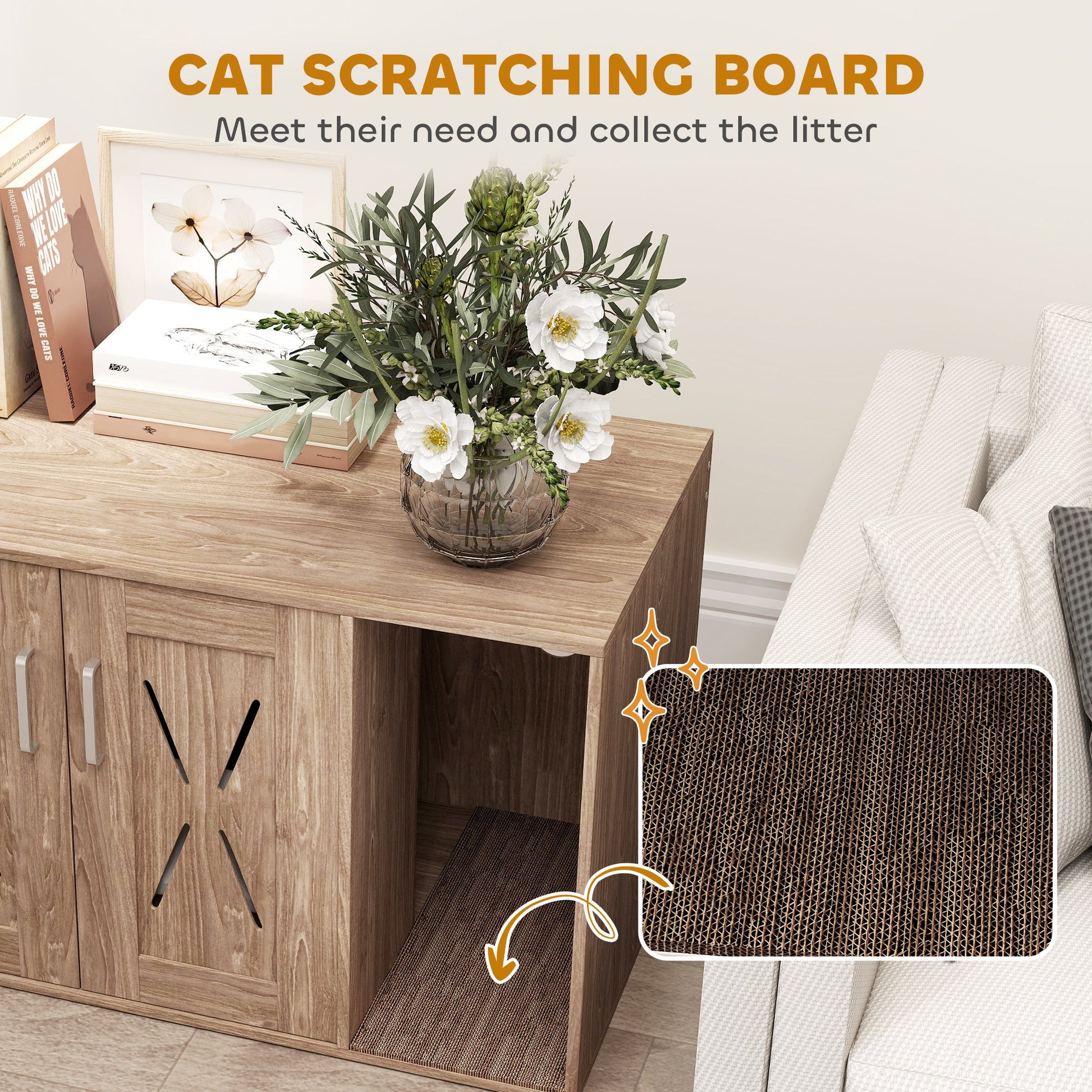JMT-924362 Walnut Brown Cat Litter Box Enclosure with Scratching Board and Side Table Functionality, 31.5 x 19 x 20 Inches, Easy Assembly