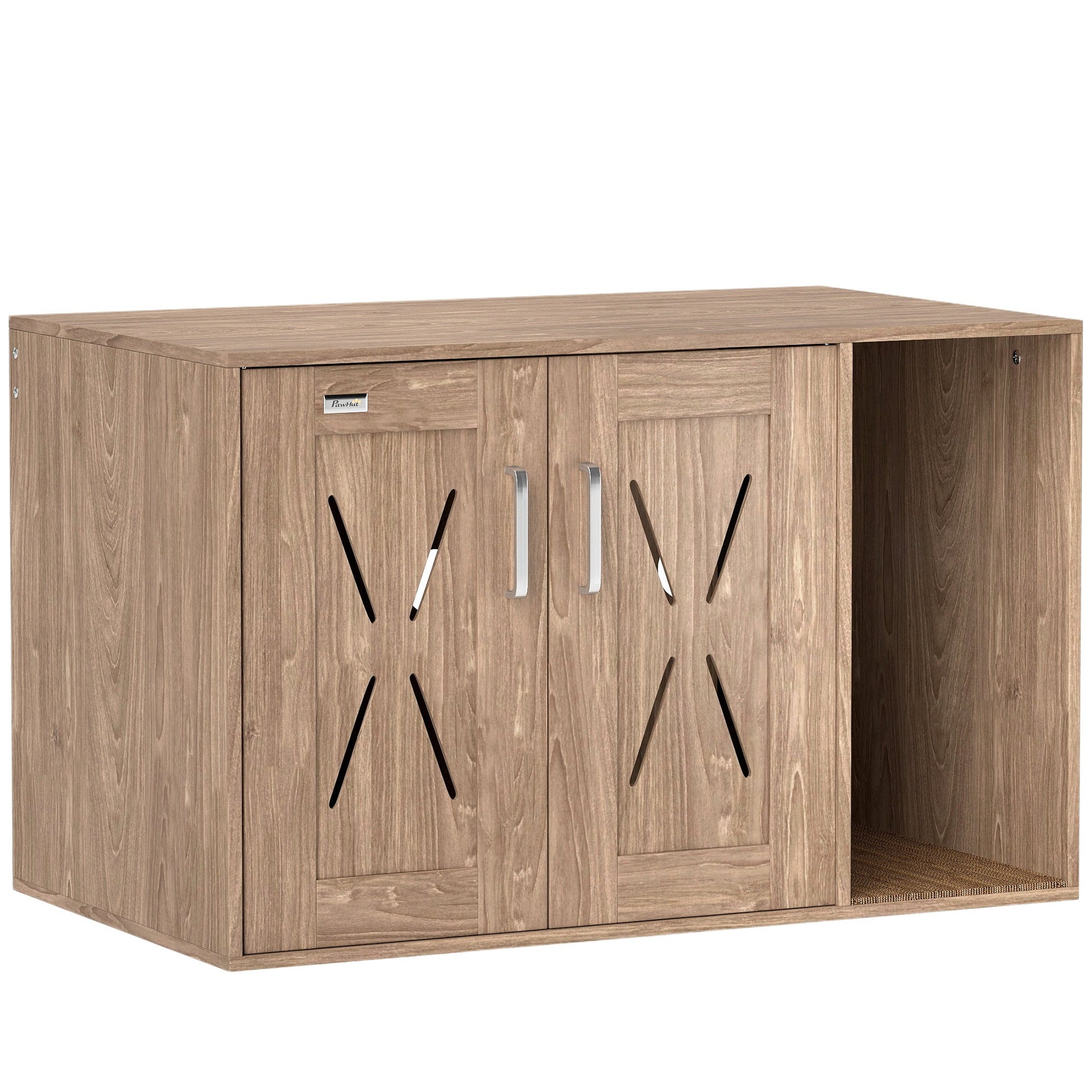 JMT-924362 Walnut Brown Cat Litter Box Enclosure with Scratching Board and Side Table Functionality, 31.5 x 19 x 20 Inches, Easy Assembly