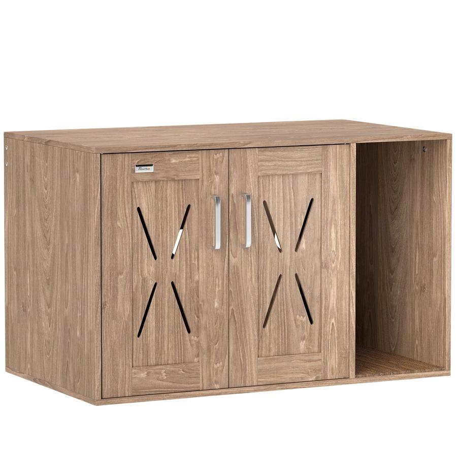 JMT-924362 Walnut Brown Cat Litter Box Enclosure with Scratching Board and Side Table Functionality, 31.5 x 19 x 20 Inches, Easy Assembly