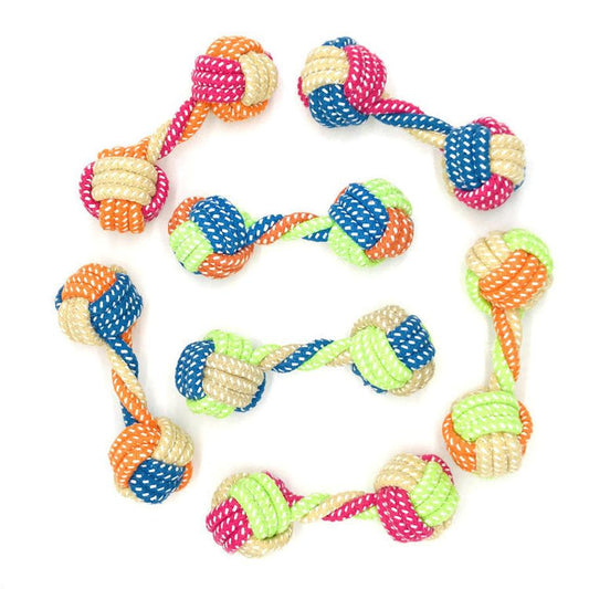 JMT-925642 Small Multicolor Cotton Rope Dumbbell Toy for Dogs - 17cm Long