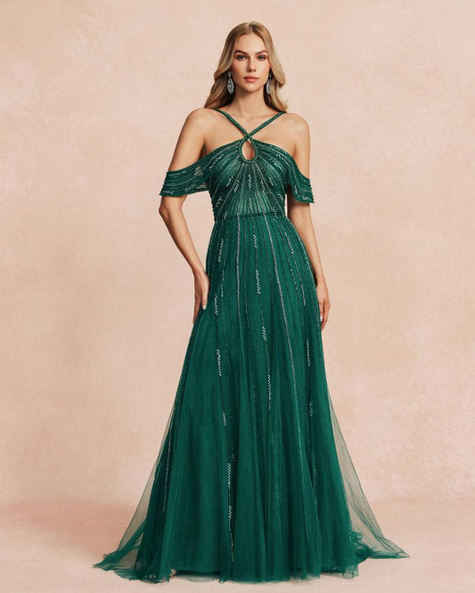 JMT-928202 Elegant Green Women's Evening Gown with Flowing Silhouette