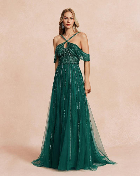 JMT-928202 Elegant Green Women's Evening Gown with Flowing Silhouette