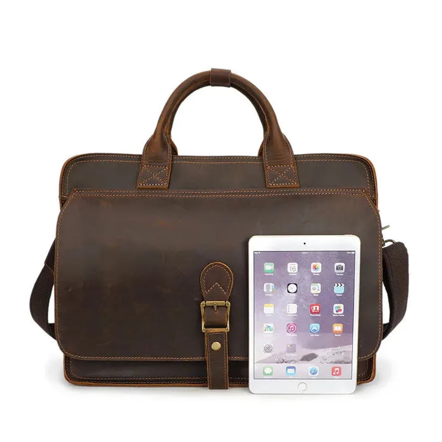 JMT-928202 Men's Retro Leather Laptop Tote and Business Briefcase with Crossbody Strap for Office and Conference Use