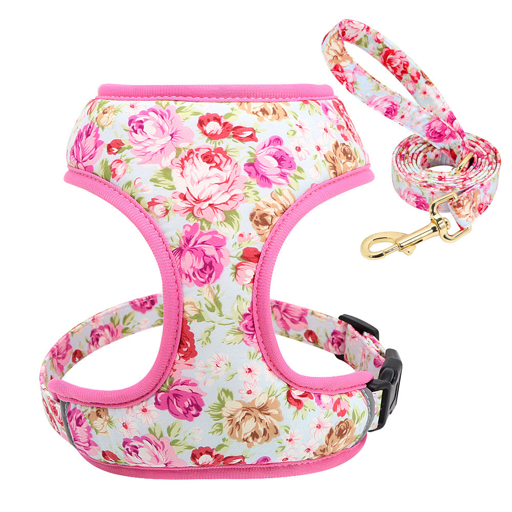 JMT-928714 Puppy Rope Leash with Adjustable Breast Strap for Small Dogs in Floral Patterns