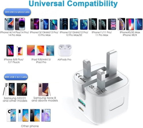 JMT-930442 20W USB-C Fast Charging Charger and Cable for iPhone, iPad, Samsung, and Google Pixel