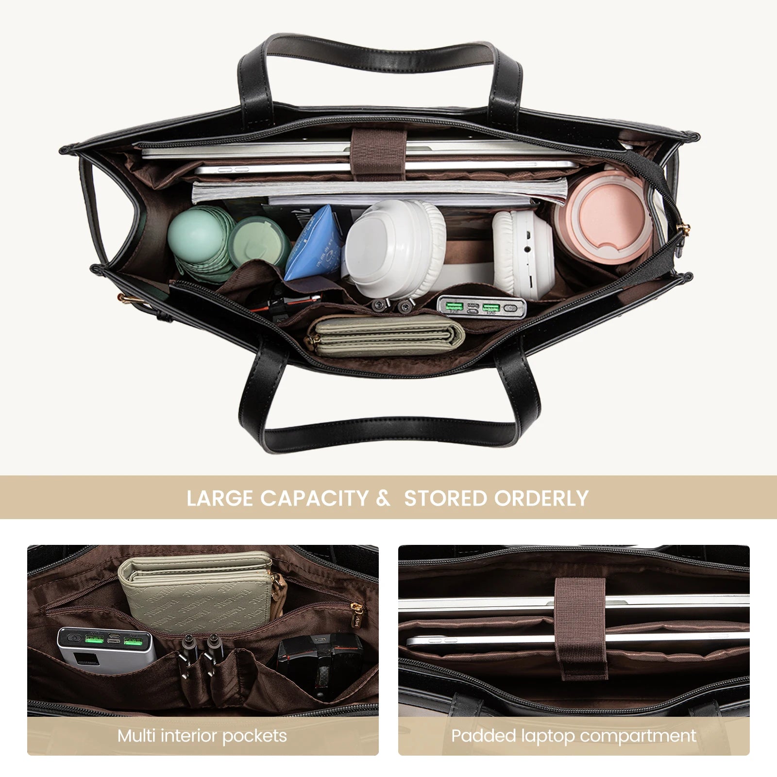 JMT-931082 Large Capacity Waterproof Leather Tote Bag with Clutch for Business and Office Use