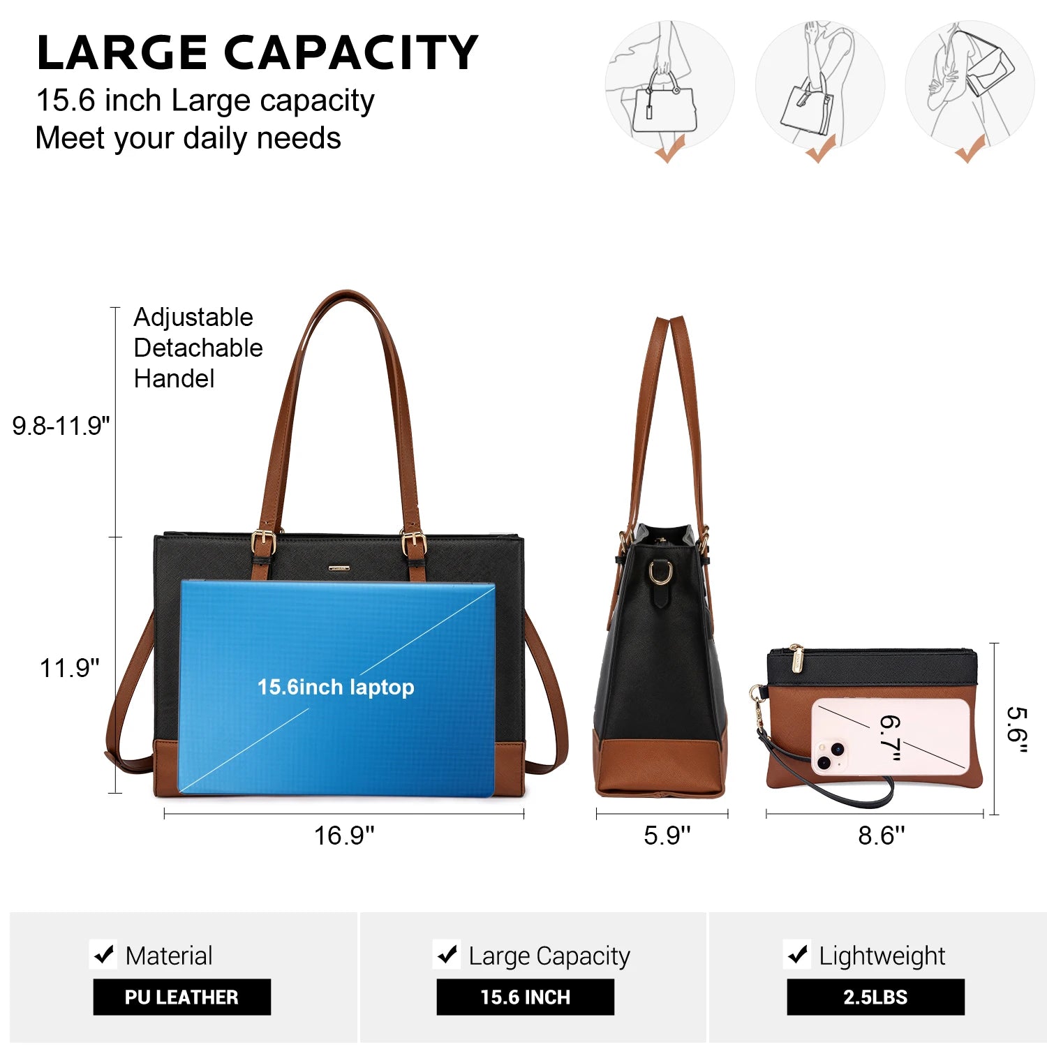 JMT-934282 Large Capacity PU Leather Laptop Tote Bag with USB Port for Business and Office Use