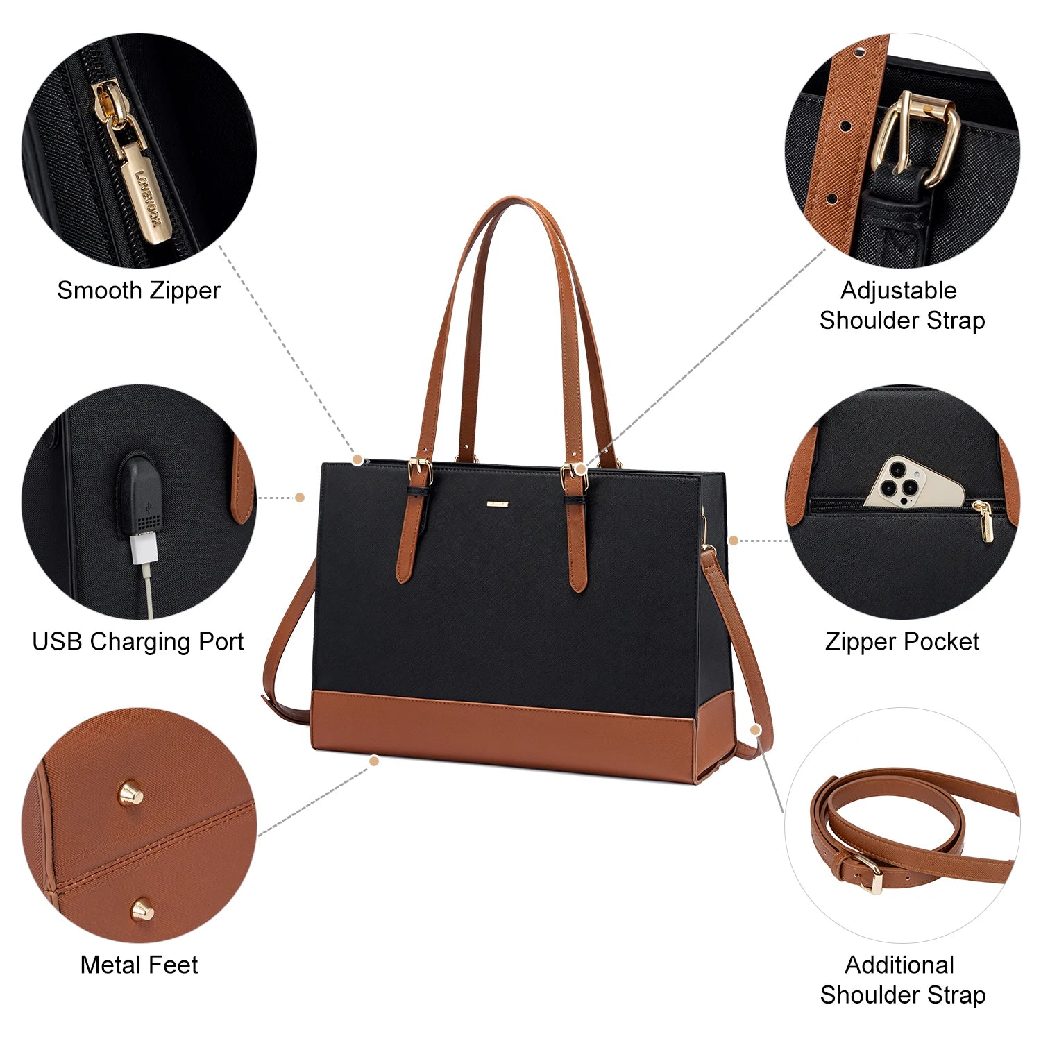 JMT-934282 Large Capacity PU Leather Laptop Tote Bag with USB Port for Business and Office Use