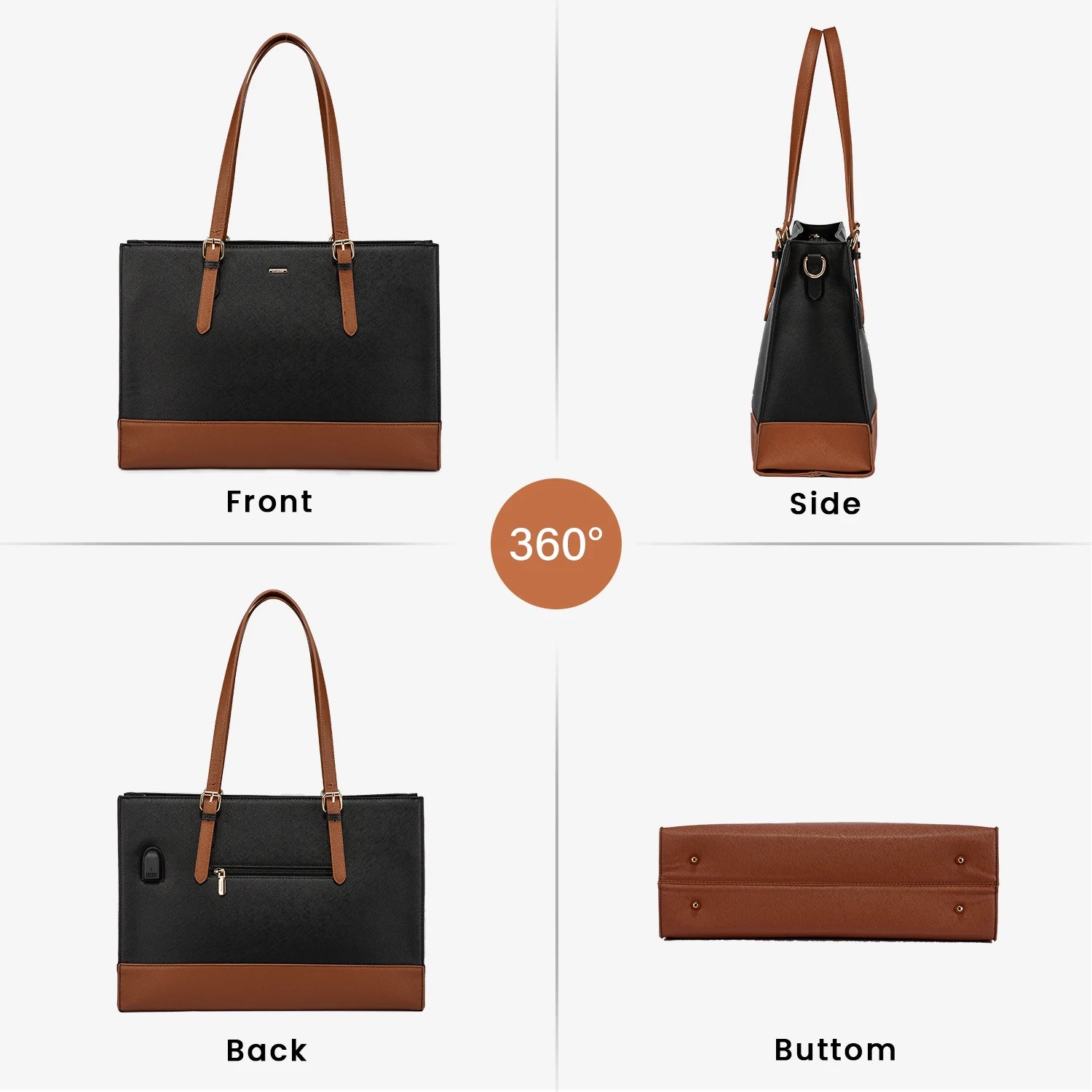 JMT-934282 Large Capacity PU Leather Laptop Tote Bag with USB Port for Business and Office Use