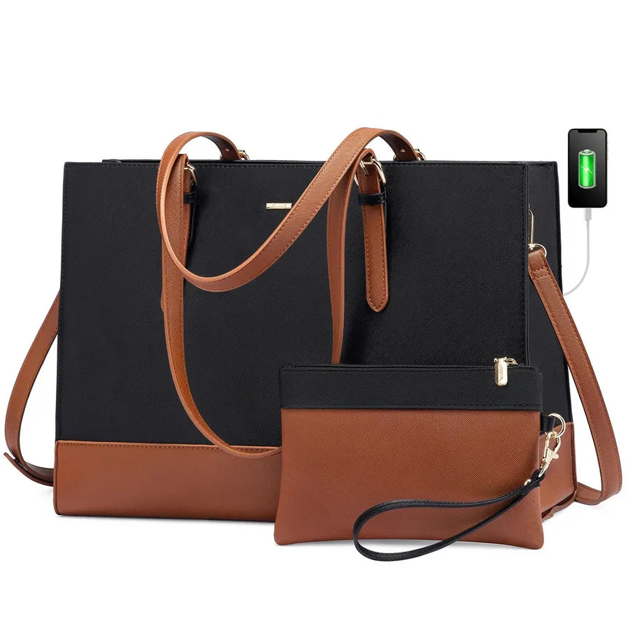 JMT-934282 Large Capacity PU Leather Laptop Tote Bag with USB Port for Business and Office Use