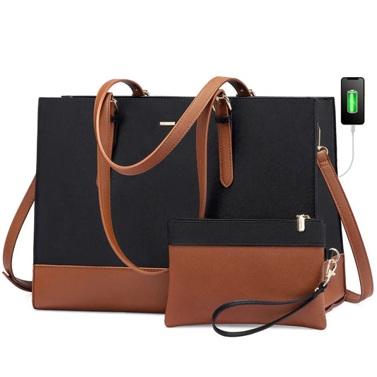 JMT-934282 Large Capacity PU Leather Laptop Tote Bag with USB Port for Business and Office Use