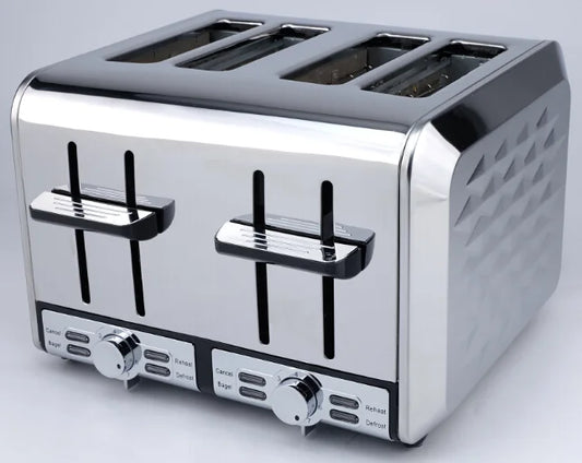 JMT-938954 1700W Stainless Steel 4-Slice Wide Slot Toaster with Cancel, Reheat, Defrost, and Bagel Functions