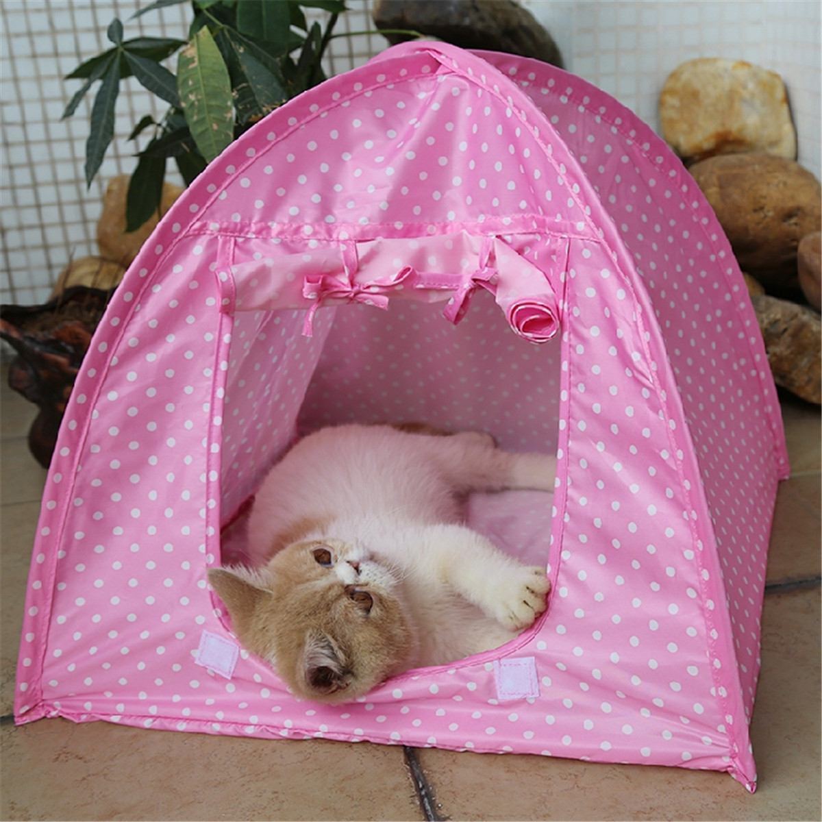 JMT-940170 Collapsible Pet Tent - Green, Yellow, and Pink Dots, 43x43x41cm, Polyester Material