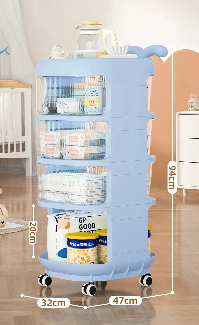 JMT-941258 Multifunctional Mobile Baby Product Storage Trolley with Removable Drawers and Rotating Design
