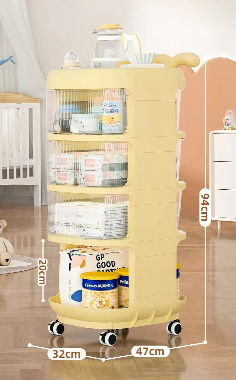 JMT-941258 Multifunctional Mobile Baby Product Storage Trolley with Removable Drawers and Rotating Design