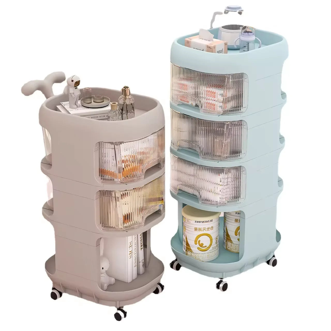 JMT-941258 Multifunctional Mobile Baby Product Storage Trolley with Removable Drawers and Rotating Design