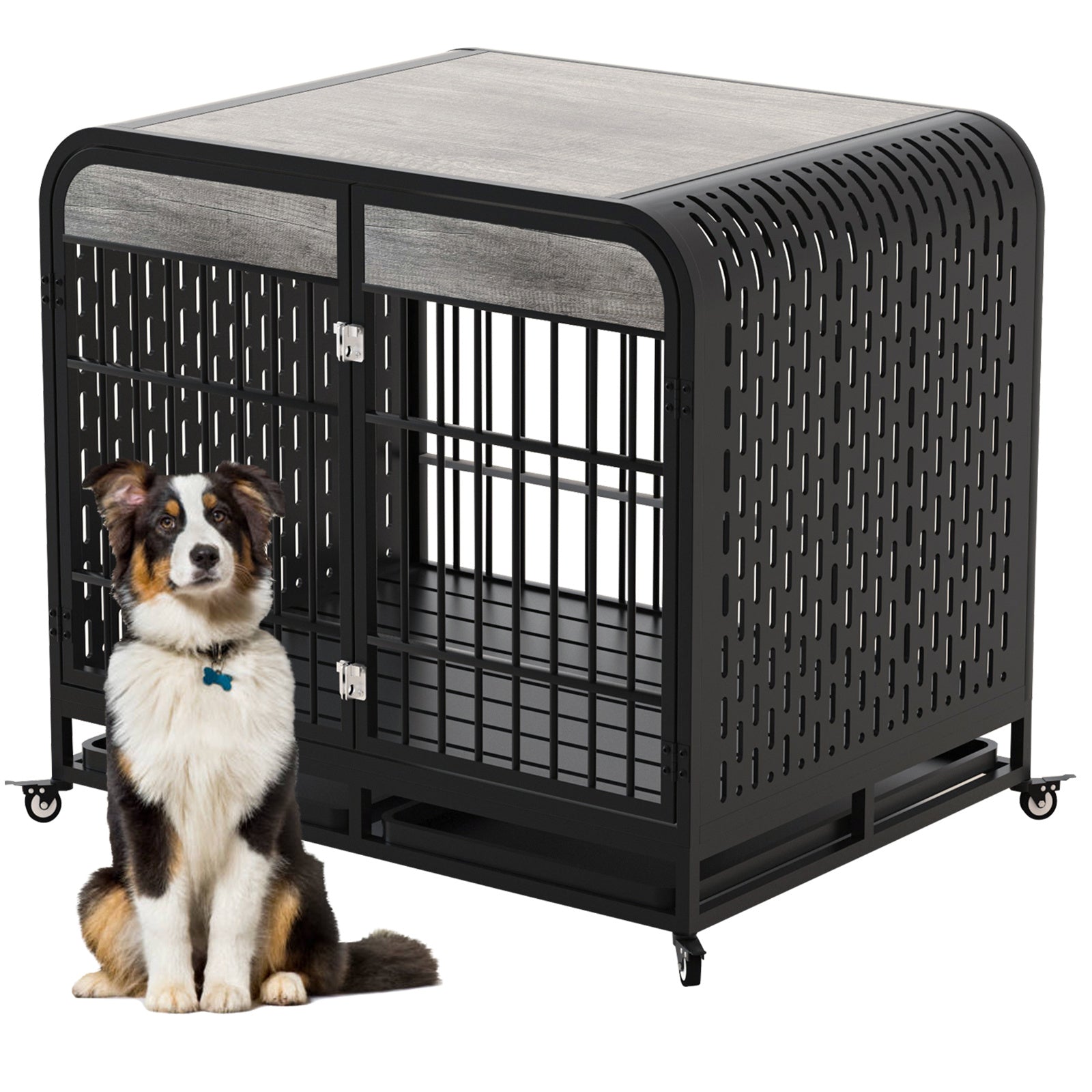 JMT-941322 Heavy Duty Wooden Dog Crate Table with Lockable Wheels and Removable Trays - 42 Inch Grey for Medium to Large Dogs