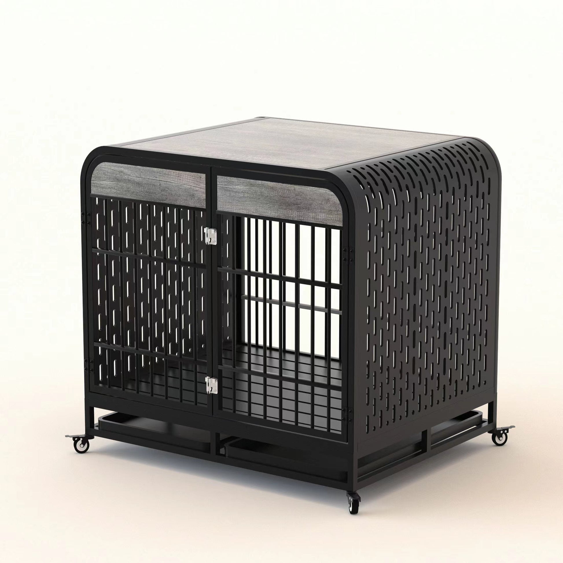 JMT-941322 Heavy Duty Wooden Dog Crate Table with Lockable Wheels and Removable Trays - 42 Inch Grey for Medium to Large Dogs