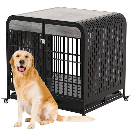 JMT-941322 Heavy Duty Wooden Dog Crate Table with Lockable Wheels and Removable Trays - 42 Inch Grey for Medium to Large Dogs