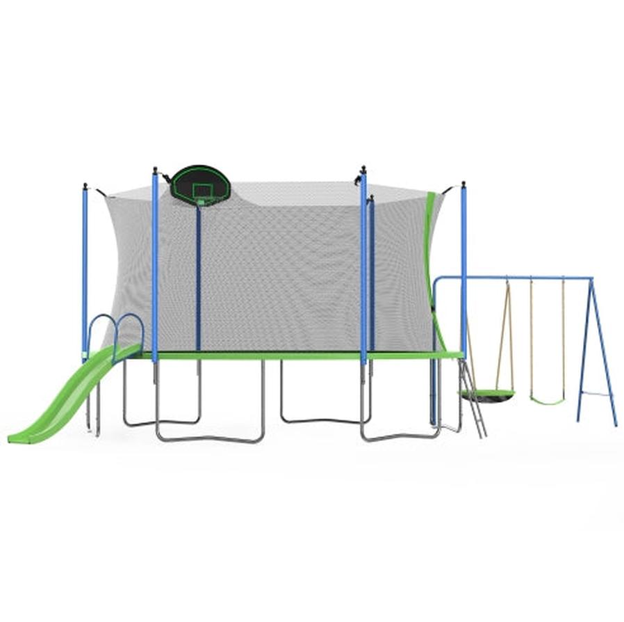 JMT-943498 12FT Trampoline with Slide, Swings, Basketball Hoop, and Safety Net for Kids and Adults