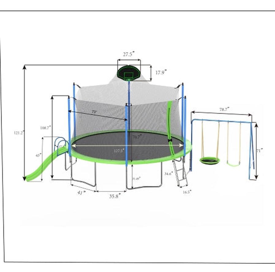 JMT-943498 12FT Trampoline with Slide, Swings, Basketball Hoop, and Safety Net for Kids and Adults