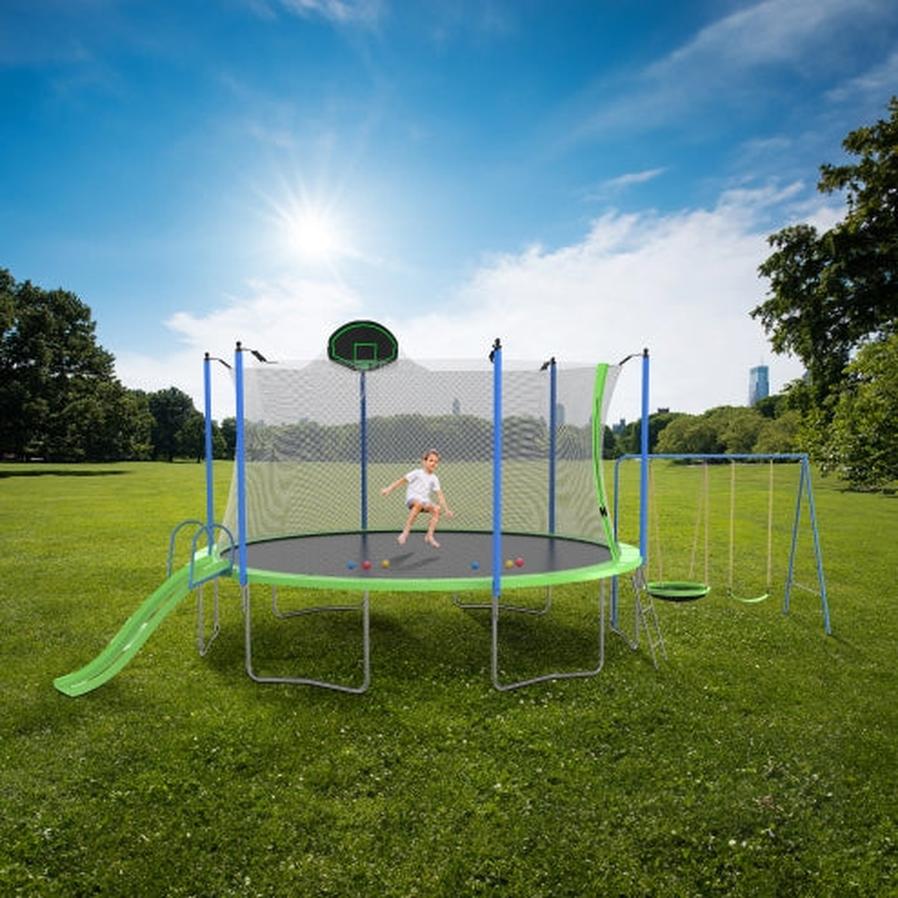 JMT-943498 12FT Trampoline with Slide, Swings, Basketball Hoop, and Safety Net for Kids and Adults
