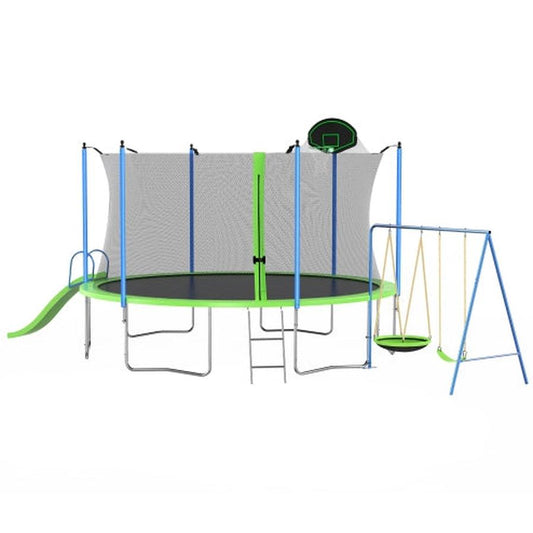 JMT-943498 12FT Trampoline with Slide, Swings, Basketball Hoop, and Safety Net for Kids and Adults
