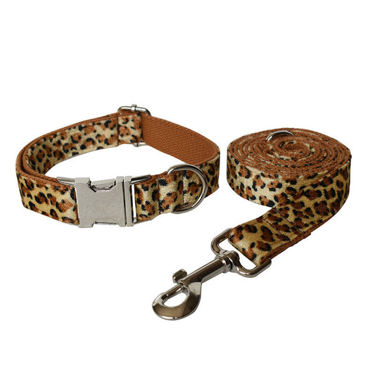 JMT-944266 Leopard Print Zinc Alloy Dog Collar and Leash Set with Bow Tie
