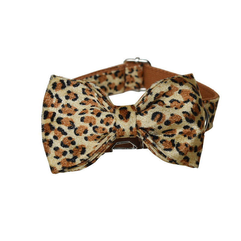 JMT-944266 Leopard Print Zinc Alloy Dog Collar and Leash Set with Bow Tie
