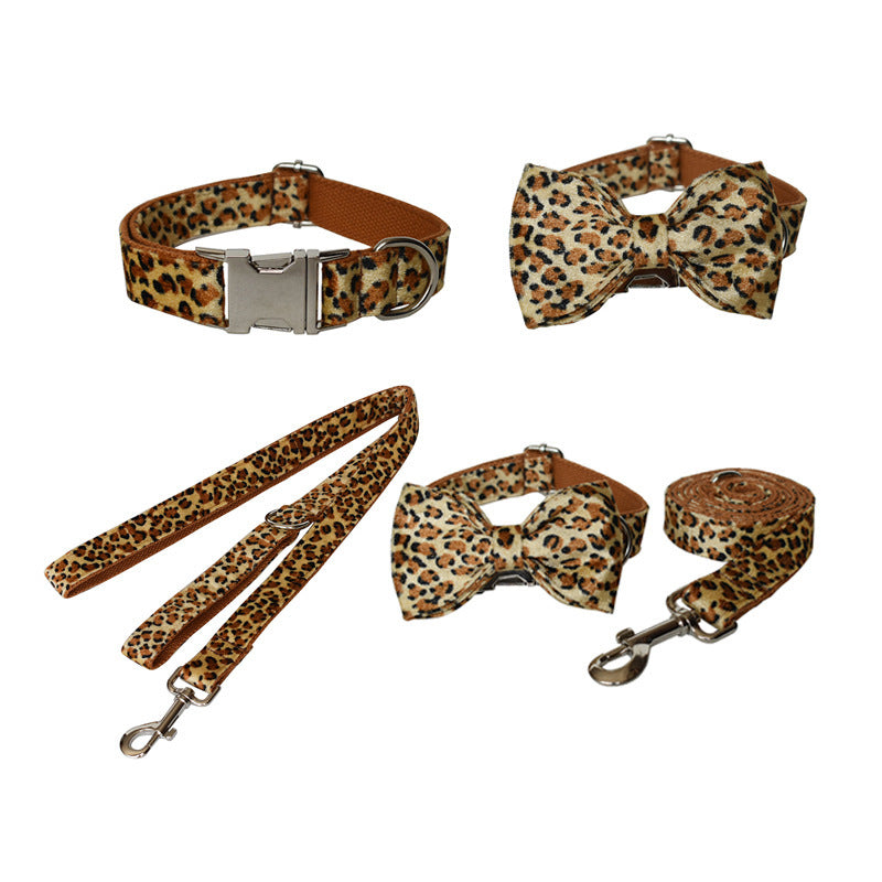 JMT-944266 Leopard Print Zinc Alloy Dog Collar and Leash Set with Bow Tie