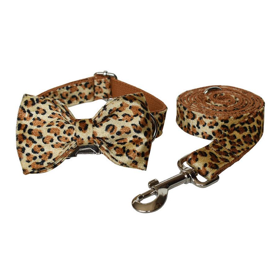JMT-944266 Leopard Print Zinc Alloy Dog Collar and Leash Set with Bow Tie