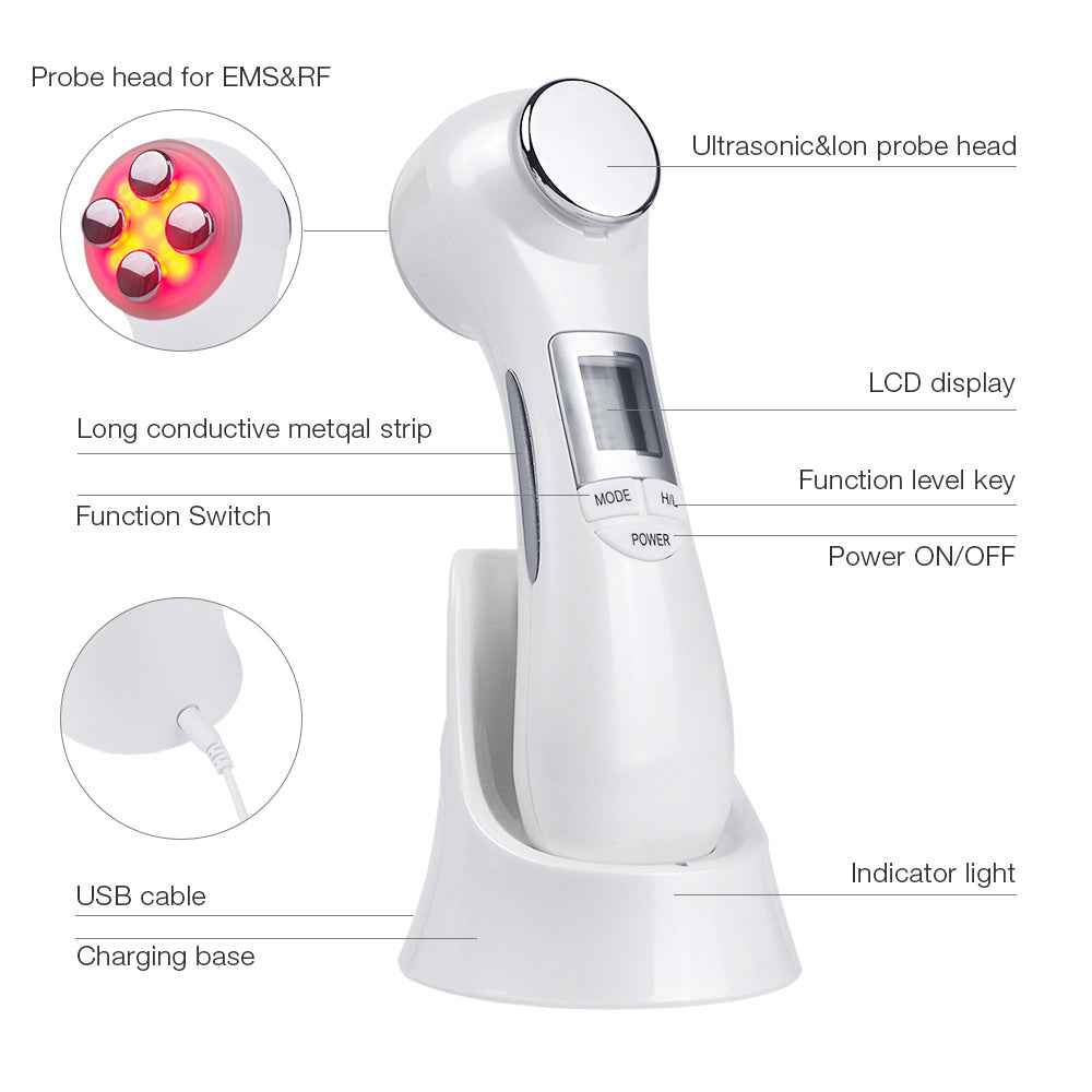 JMT-945162 6-in-1 Ultrasonic Vibration Face-Lift Massager with RF, EMS, Ultrasonic Massage, LED Light Therapy, and Electroporation