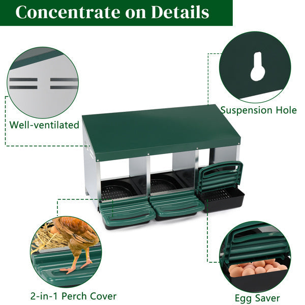 JMT-945930 3-Compartment Poultry Nesting Box for Chickens, Ducks, and Other Birds - Durable Steel and Plastic Construction, Easy Assembly