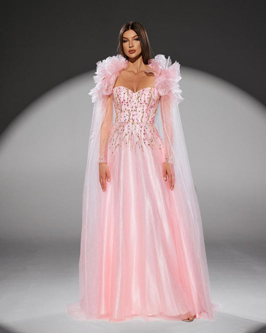 JMT-947146 Elegant Pink Evening Gown for Women - Classic A-Line Design, Perfect for Formal Occasions