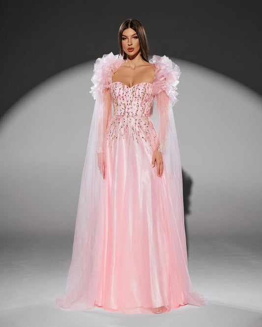 JMT-947146 Elegant Pink Evening Gown for Women - Classic A-Line Design, Perfect for Formal Occasions