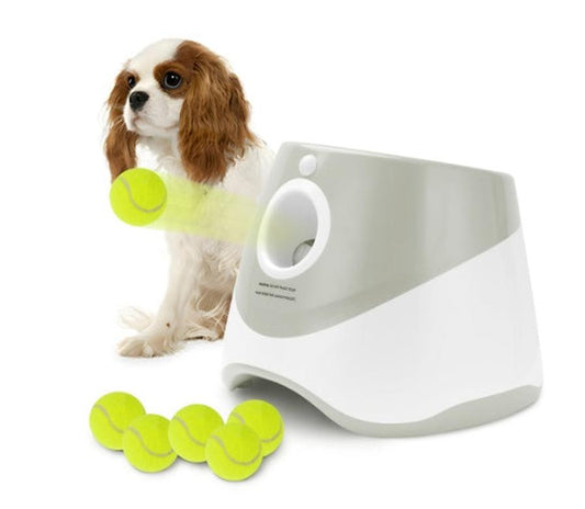 JMT-947210 Self-Pickup Automatic Dog Ball Launcher for Small to Medium Dogs – Interactive Indoor/Outdoor Toy with 3 Launching Ranges, 6 Chewable Mini Tennis Balls Included