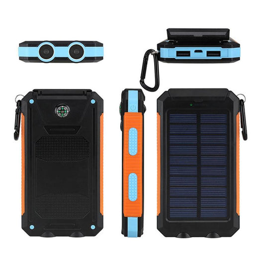 JMT-947402 Solar Power Bank with Dual Headlight, Polymer Lithium Battery, 5V-2A Output, Rechargeable for iPad, iPhone, Android and More