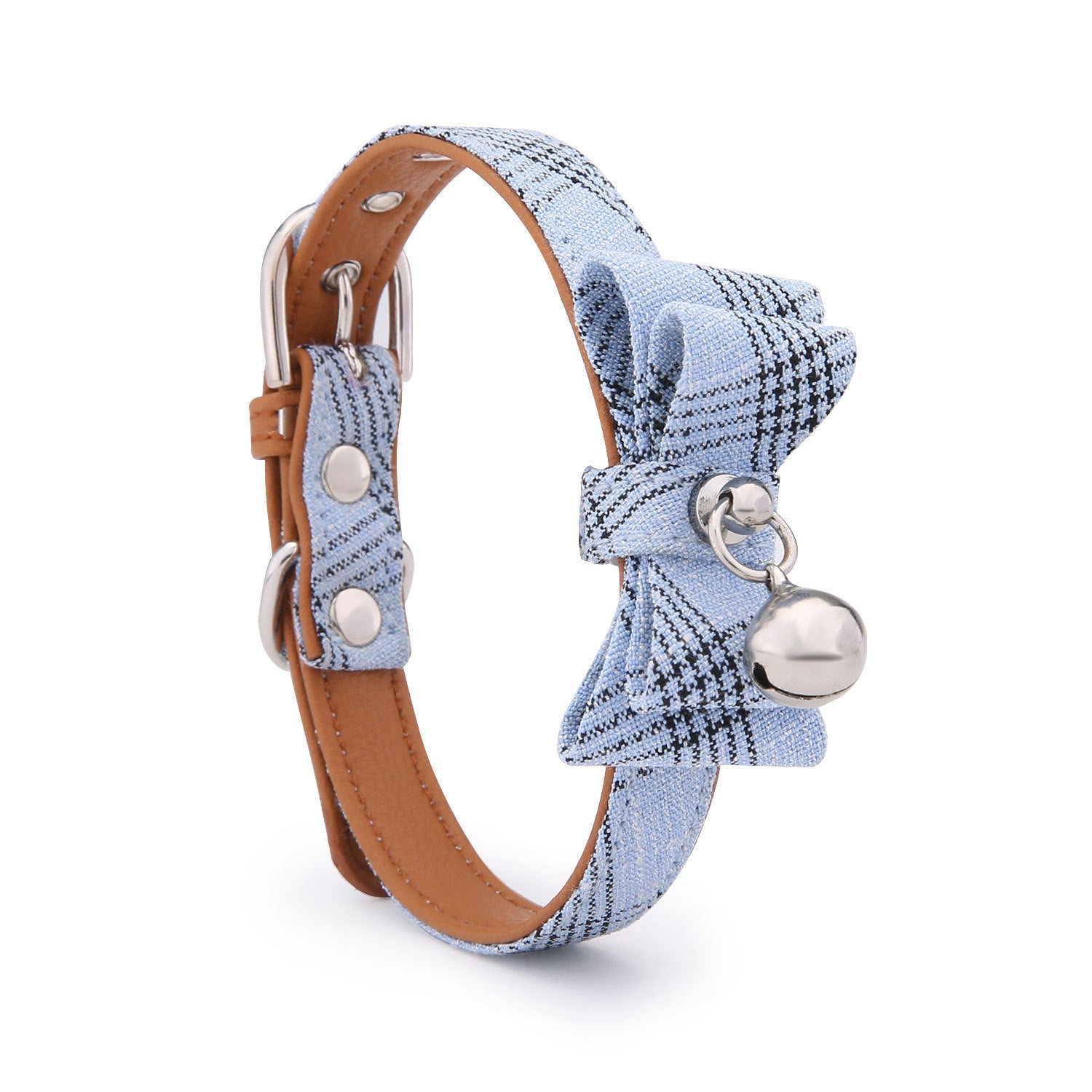 JMT-947722 Diagonal Striped Cat Collar in Blue, Black, Pink, and Apricot with Bell - Free Size, Polyester Material