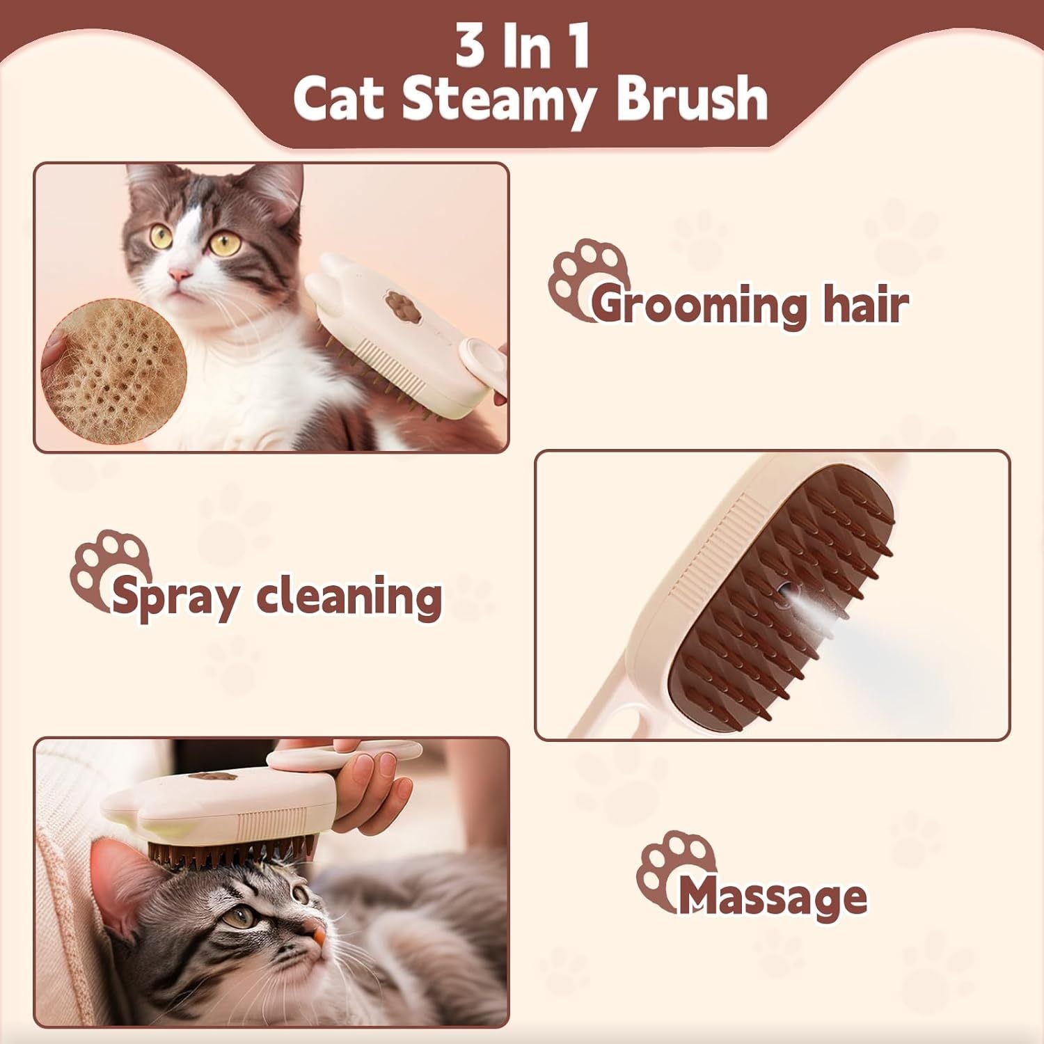JMT-948298 3-in-1 Pet Steam Brush for Dogs and Cats - Shedding, Massage, and Grooming Tool