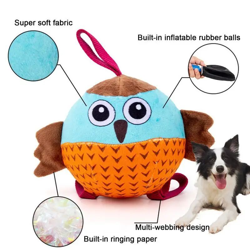 JMT-948362 Interactive Owl Ball Toy for Dogs - Velvet & Rubber Chew Toy for Medium, Small, and Large Dogs